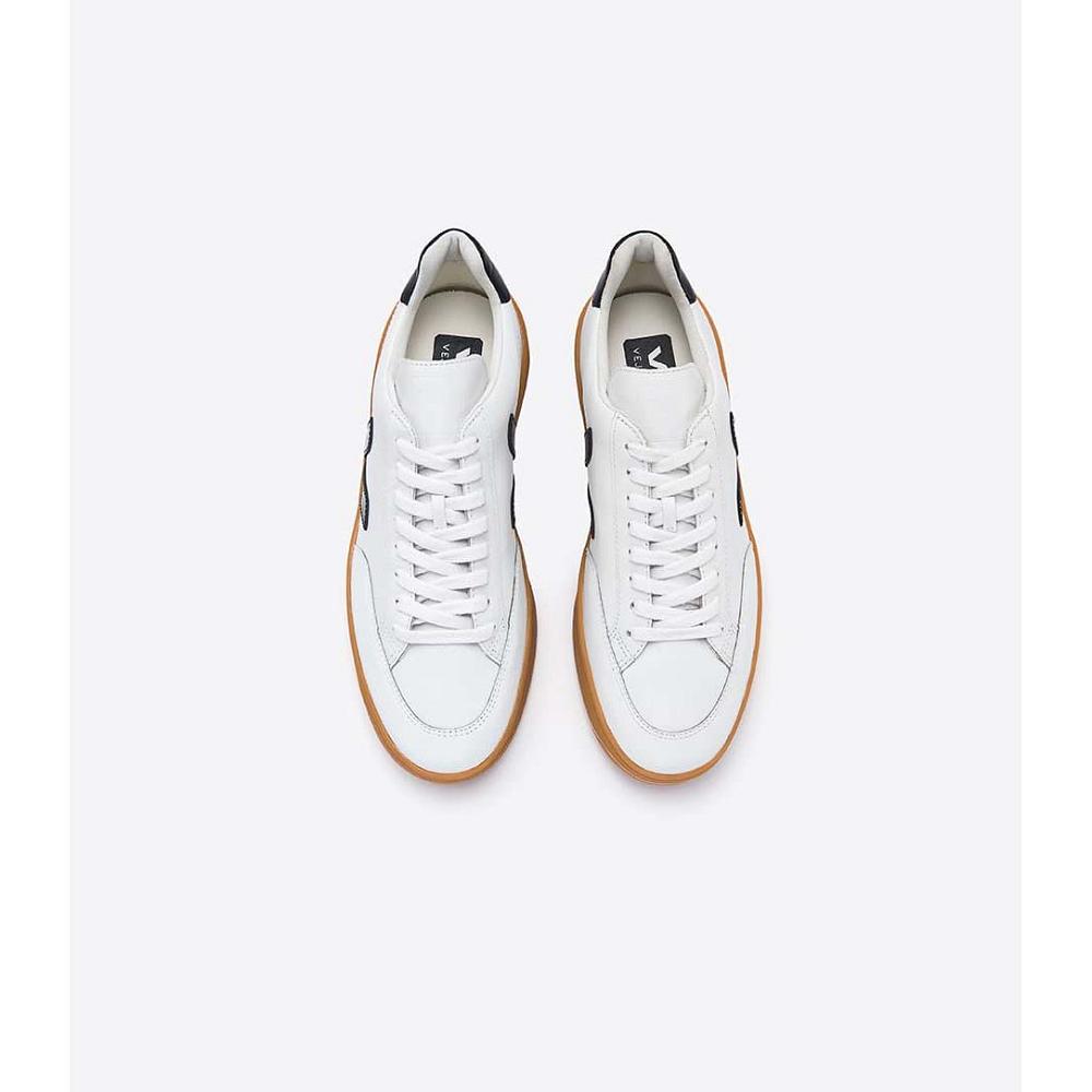 Women's Veja V-12 LEATHER Sneakers White/Black/Beige | ZA 670LIS